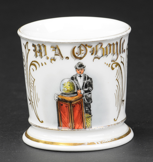 Occupational shaving mug with stockbroker motif, ex Bill Bertoia collection, est. $2,500-$4,000. Bertoia Auctions image.